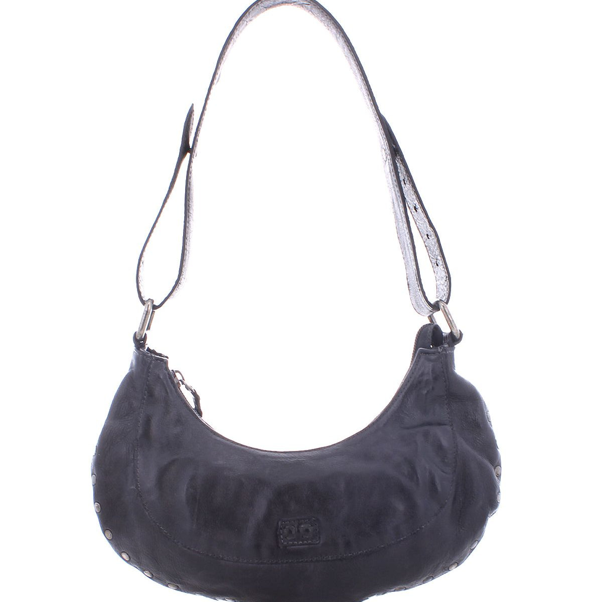The Madre by Bed|Stü is a black leather hobo handbag featuring a single shoulder strap, rounded bottom, and subtle metal stud accents for a statement-making look. This edgy shoulder bag is shown against a white background.