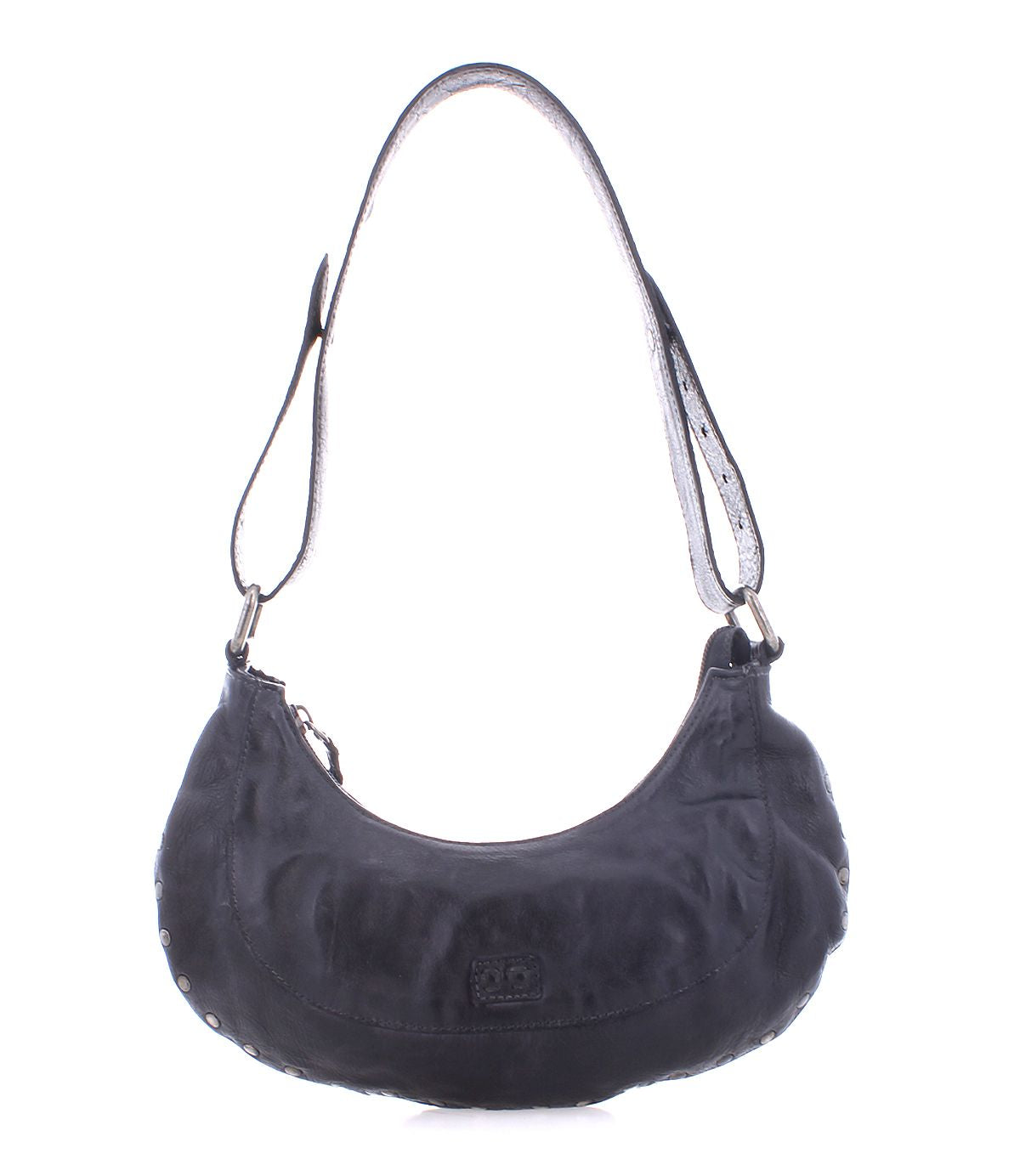 The Madre by Bed|Stü is a black leather hobo handbag featuring a single shoulder strap, rounded bottom, and subtle metal stud accents for a statement-making look. This edgy shoulder bag is shown against a white background.