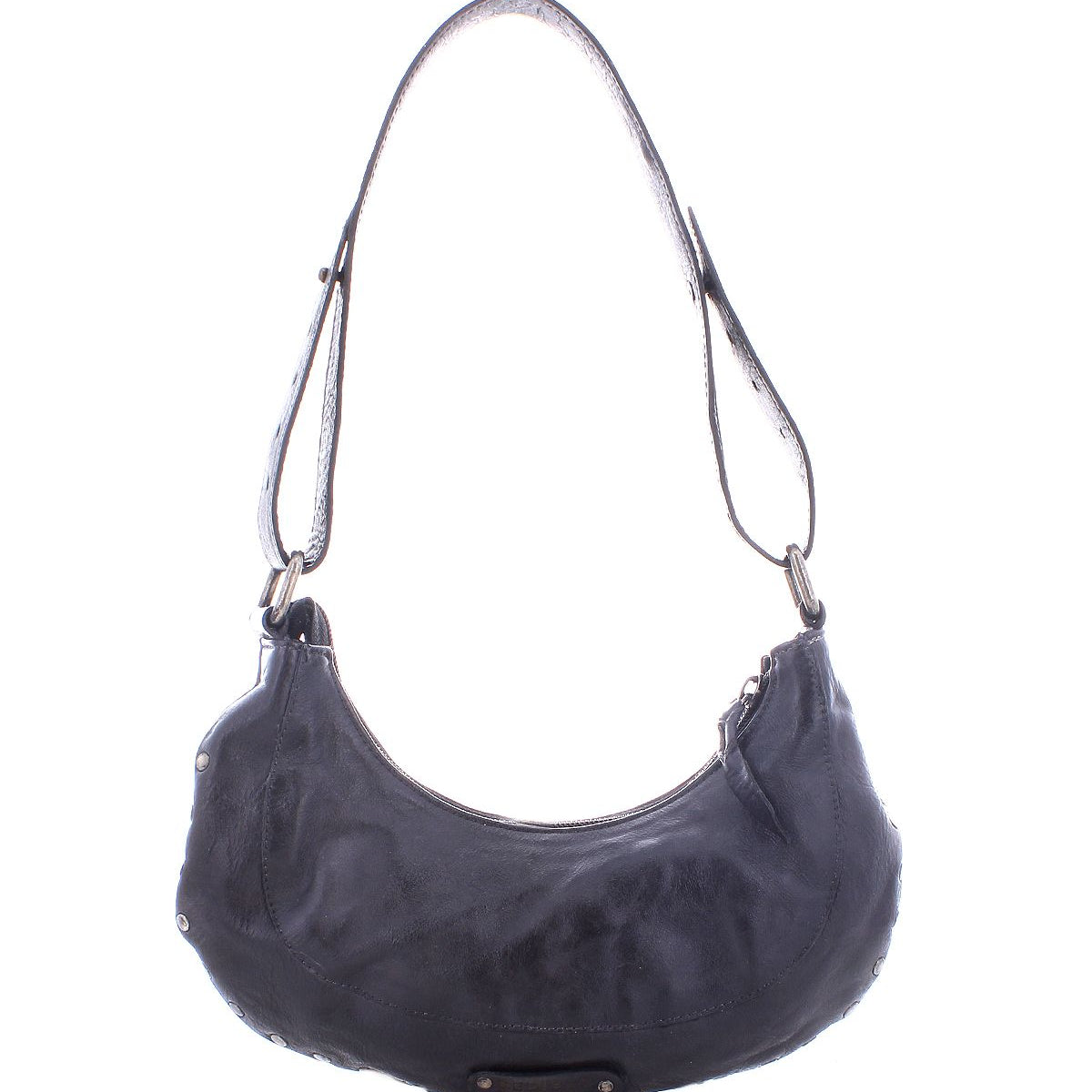 The Bed|Stü Madre is a statement-making black leather shoulder bag featuring a curved, crescent shape, an adjustable strap, and edgy metal stud accents, shown against a white background.