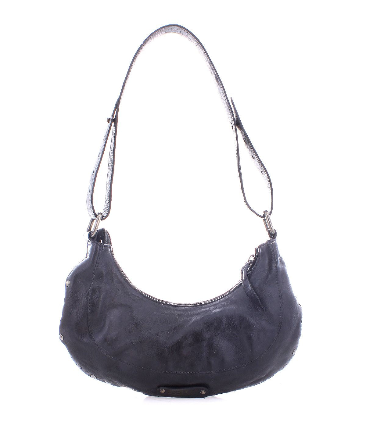 The Bed|Stü Madre is a statement-making black leather shoulder bag featuring a curved, crescent shape, an adjustable strap, and edgy metal stud accents, shown against a white background.