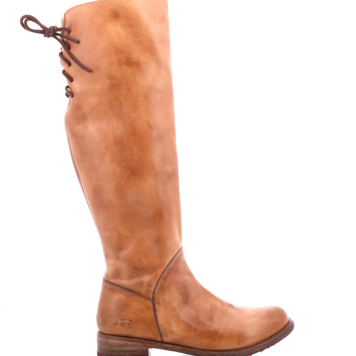 The Manchester boot by Bed|Stü is a tan knee-high leather boot featuring a low stacked heel, rounded toe, and decorative lace-up detail at the back. Shown in a side view facing right against a plain white background, this modern classic combines timeless style with contemporary details.