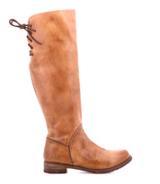 The Manchester boot by Bed|Stü is a tan knee-high leather boot featuring a low stacked heel, rounded toe, and decorative lace-up detail at the back. Shown in a side view facing right against a plain white background, this modern classic combines timeless style with contemporary details.