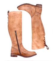 The Manchester boots by Bed|Stü are a pair of tall, tan leather boots featuring side zippers and back laces. Designed as a modern classic with a comfortable flat heel, they are displayed from both side and top views against a white background.