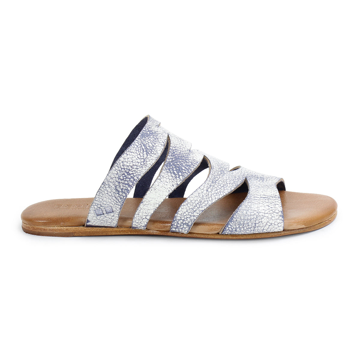 Introducing the Margin by Bed|Stü: a silver strappy slide sandal crafted with a leather upper, flat tan sole, and textured finish—shown from the side on a white background. This elegant design is a must-have addition to your summer wardrobe.