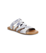 The Bed|Stü Margin sandal is a silver strappy slide with a leather upper, featuring a textured metallic finish, open toe, and flat brown sole—an essential addition to your summer wardrobe. Displayed on a white background.