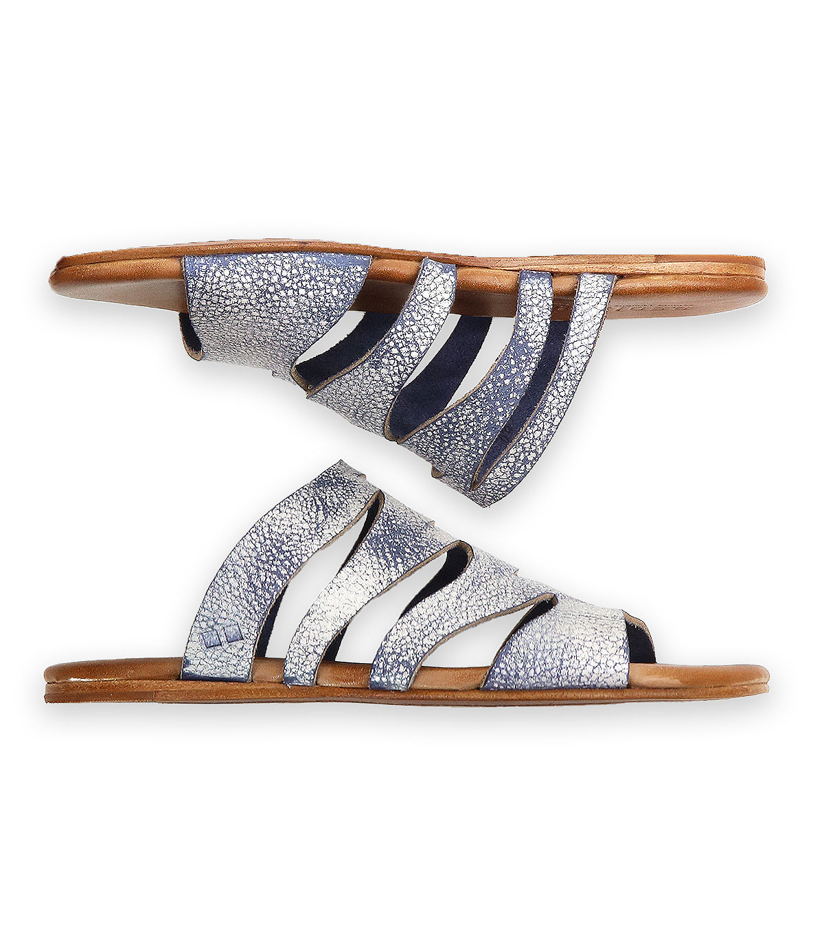 Introducing the Bed|Stü Margin: a pair of silver strappy slide sandals featuring textured leather uppers and tan soles, shown side by side on a white background—an effortless addition to your summer wardrobe.