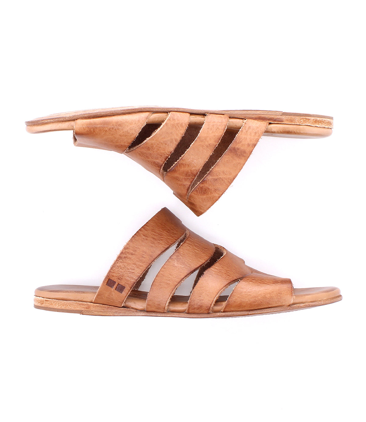 The Bed|Stü Margin sandals are brown leather slip-ons showcasing a sleek leather upper with three cut-out straps, displayed from the side and top angles on a white background—an essential addition to any summer wardrobe.