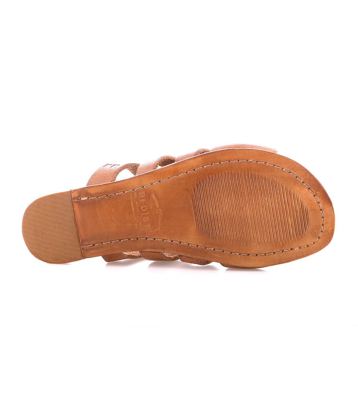 Bottom view of the Bed|Stü Margin brown leather slide sandal, featuring visible stitching and a textured sole for enhanced grip—an ideal choice for adding comfort and style to your summer wardrobe.