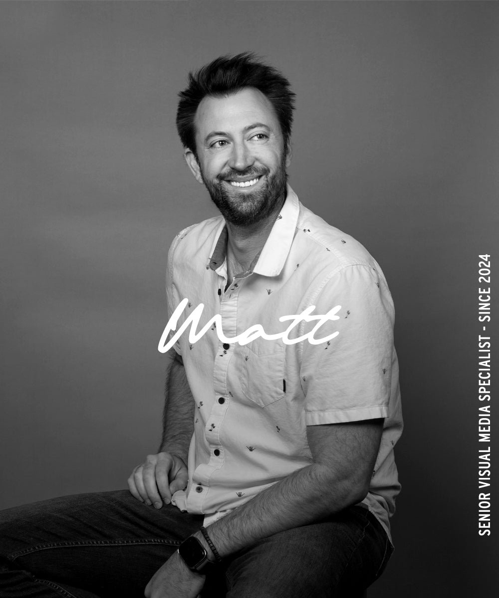 Black-and-white portrait of a smiling man with the name “Matt” overlaid and vertical text reading “Senior Visual Media Specialist · Since 2024.”
