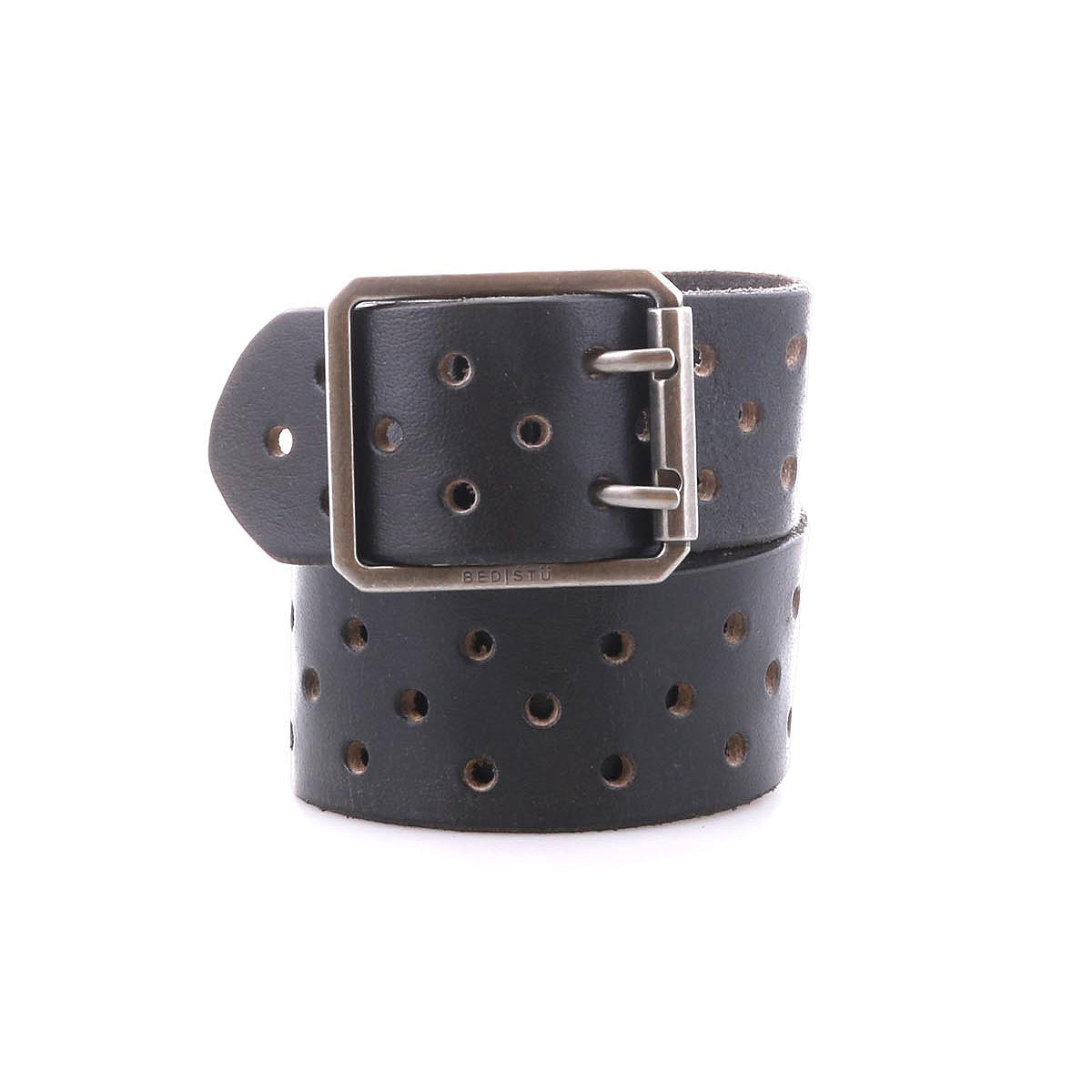 Introducing the Bed|Stü Mccoy: a black leather strap belt featuring round metal holes and a sturdy metal buckle, neatly coiled with the buckle facing forward for a personalized fit.