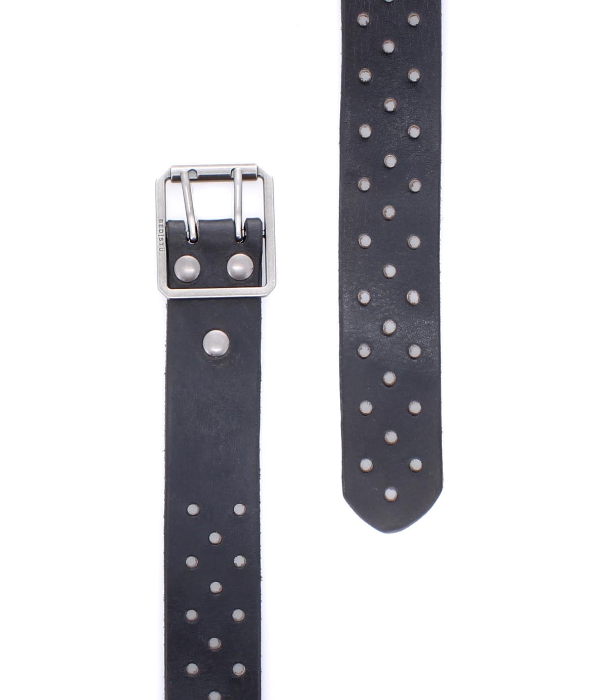 The Bed|Stü Mccoy is a black leather belt with a durable metal buckle, featuring rows of round metal studs along its leather strap for added style, shown on a white background. Designed for a customizable fit, this belt combines fashion with functionality.