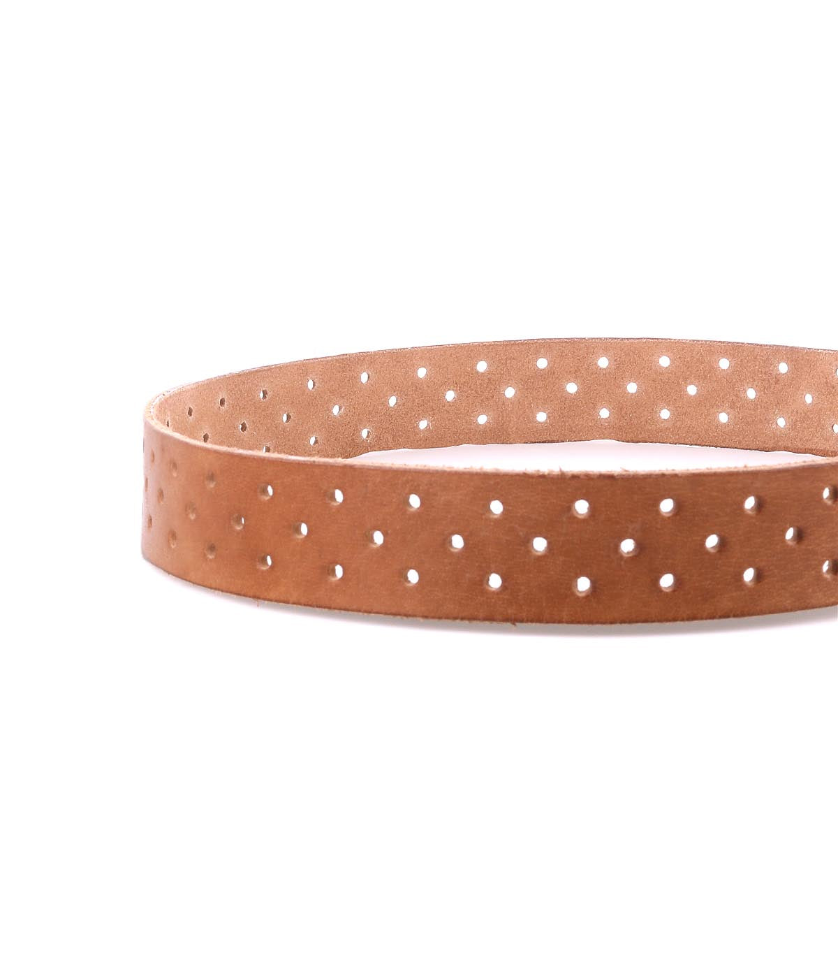 Bed|Stü's Mccoy is a brown leather belt featuring a supple leather strap with evenly spaced small round holes for customizable fit and a durable metal buckle, shown coiled in a circular shape on a white background.