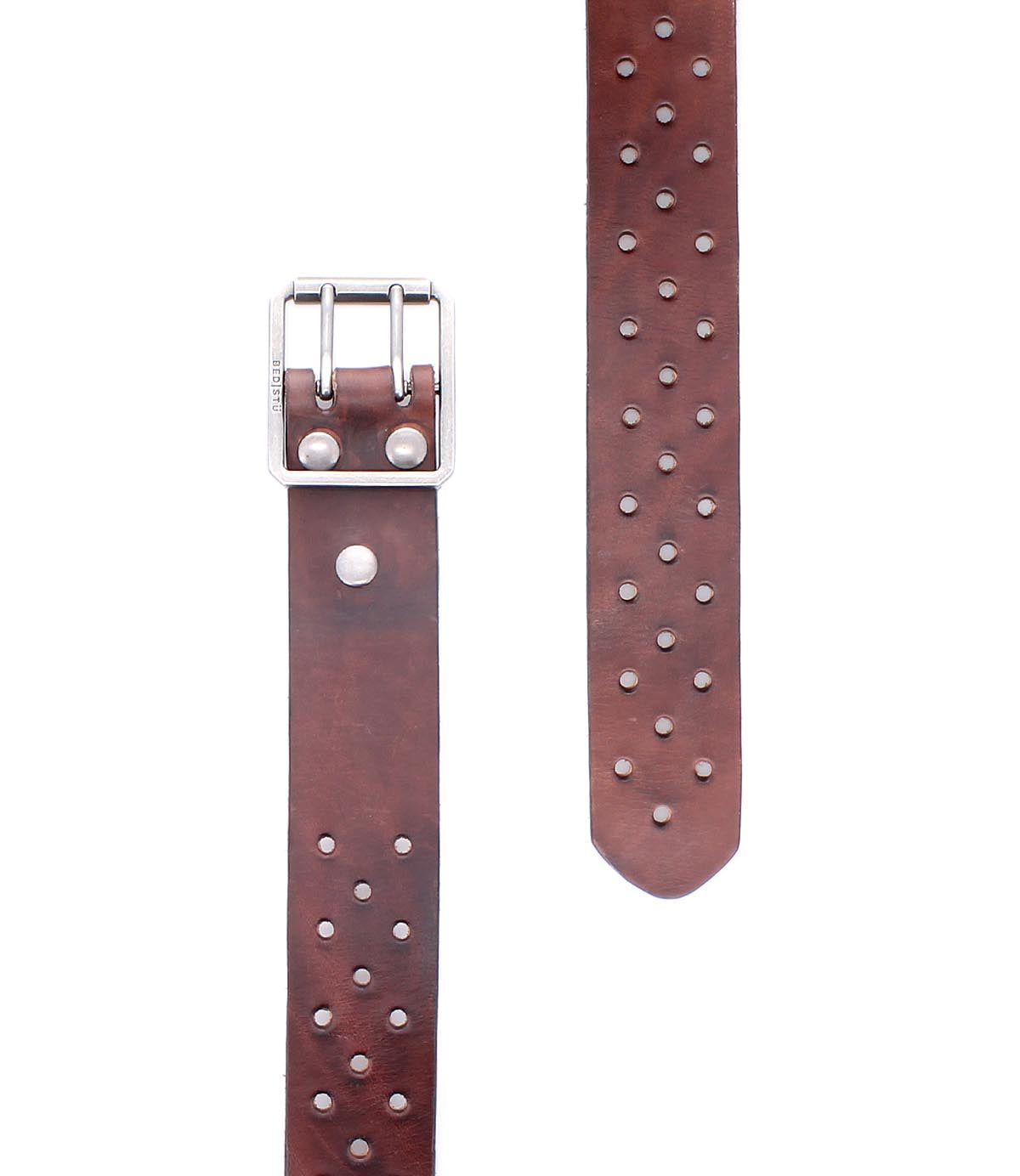 The Bed|Stü Mccoy is a brown leather belt featuring two rows of silver studs, a sturdy square silver metal buckle, and an adjustable fit, displayed flat against a white background.