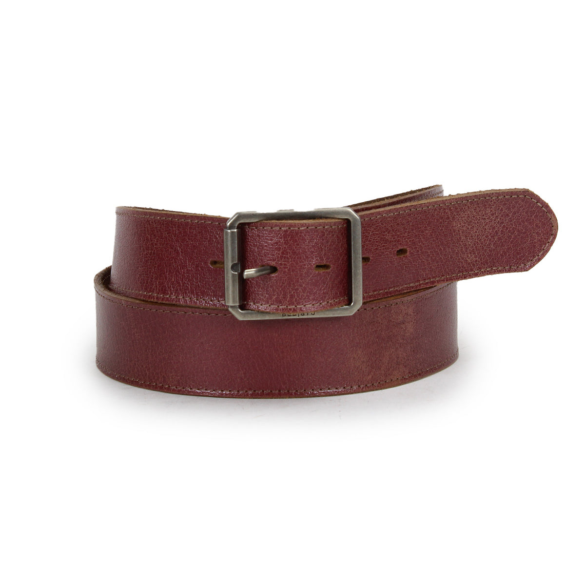 Introducing the Meander belt by Bed|Stü—crafted from distressed brown leather and featuring a rectangular antique metal buckle, this rugged accessory is coiled into a loop and displayed on a white background.