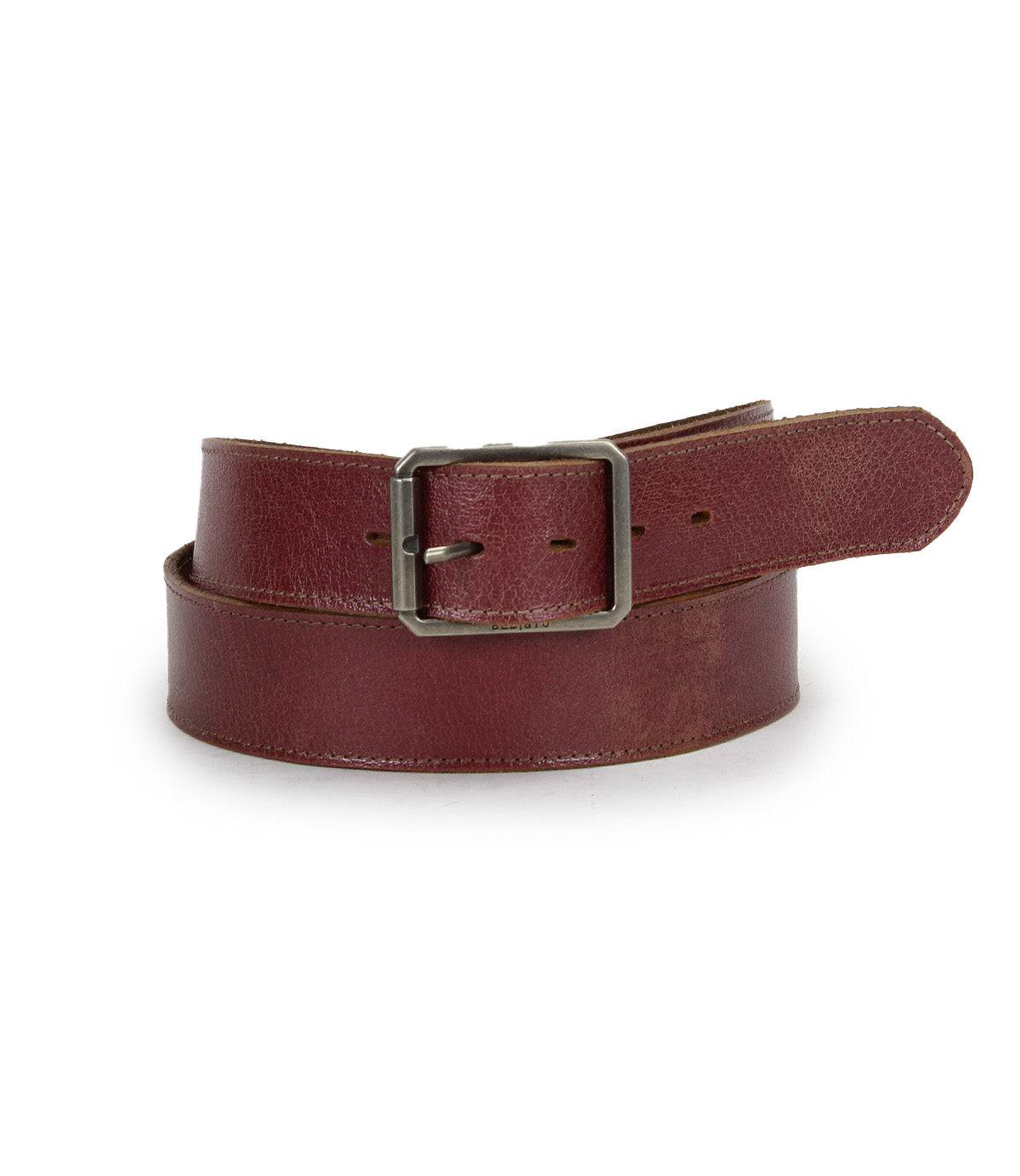 Introducing the Meander belt by Bed|Stü—crafted from distressed brown leather and featuring a rectangular antique metal buckle, this rugged accessory is coiled into a loop and displayed on a white background.