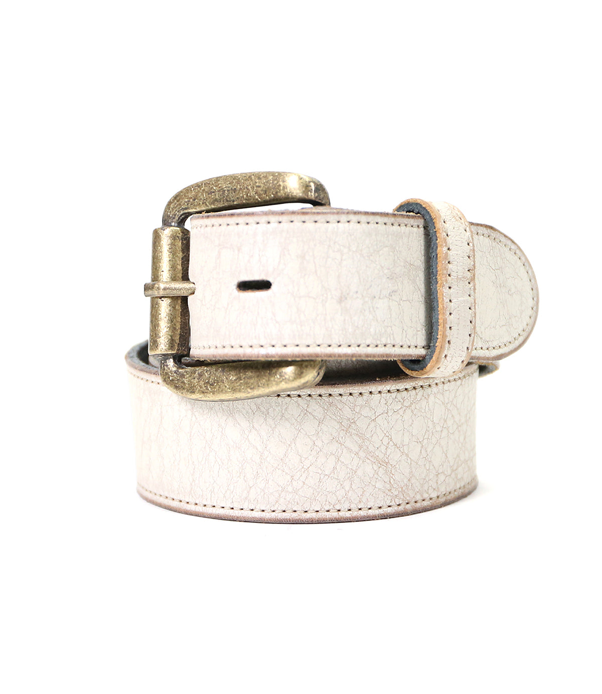 The Bed|Stü Meander belt, crafted from distressed white leather with a visible textured finish and featuring an antique metal buckle, is displayed rolled up against a plain white background.
