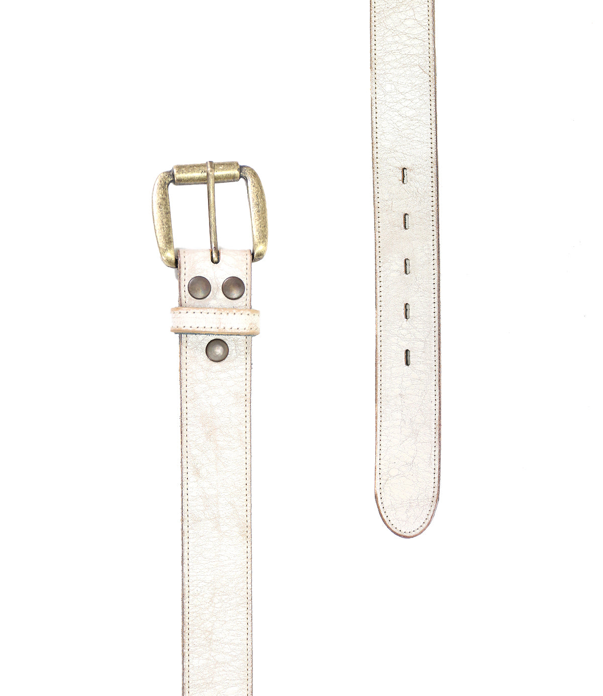 Two views of the Bed|Stü Meander belt, crafted from rugged white leather and featuring an antique metal buckle with sturdy metal rivets; one image showcases the buckle end, while the other displays the tip with multiple holes.