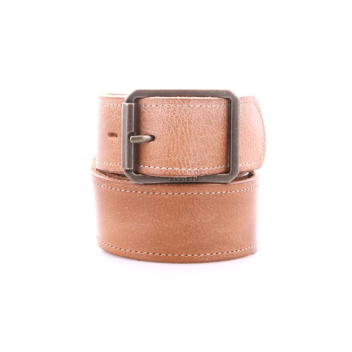 The Bed|Stü Meander belt, crafted from tan distressed leather and featuring an antique metal buckle, is rolled up and displayed on a white background.