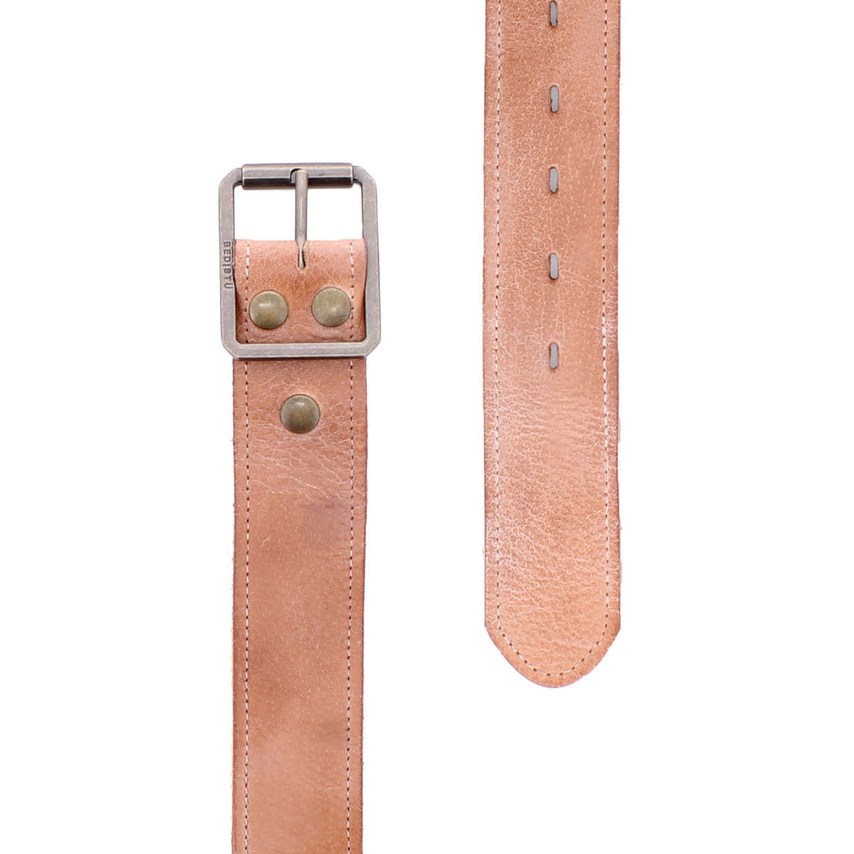 Introducing Meander by Bed|Stü: This tan distressed leather belt features a silver rectangular buckle and double rivets, showcased both buckled and unbuckled against a white background. The Meander’s rugged design and authentic detailing create a timeless look.
