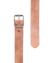 Introducing Meander by Bed|Stü: This tan distressed leather belt features a silver rectangular buckle and double rivets, showcased both buckled and unbuckled against a white background. The Meander’s rugged design and authentic detailing create a timeless look.