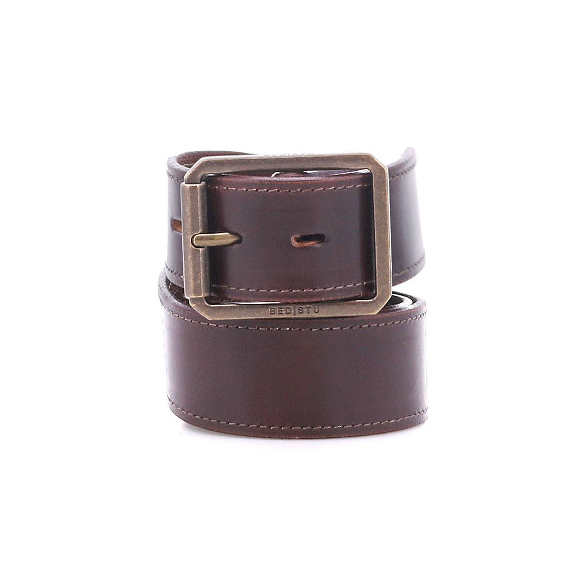 The Meander belt by Bed|Stü is crafted from brown distressed leather with prominent stitching and showcases a rectangular antique metal buckle. The brand’s name, "Bed|Stü," is embossed near the buckle on the front, emphasizing the rugged authenticity of its craftsmanship. Pictured against a white background.
