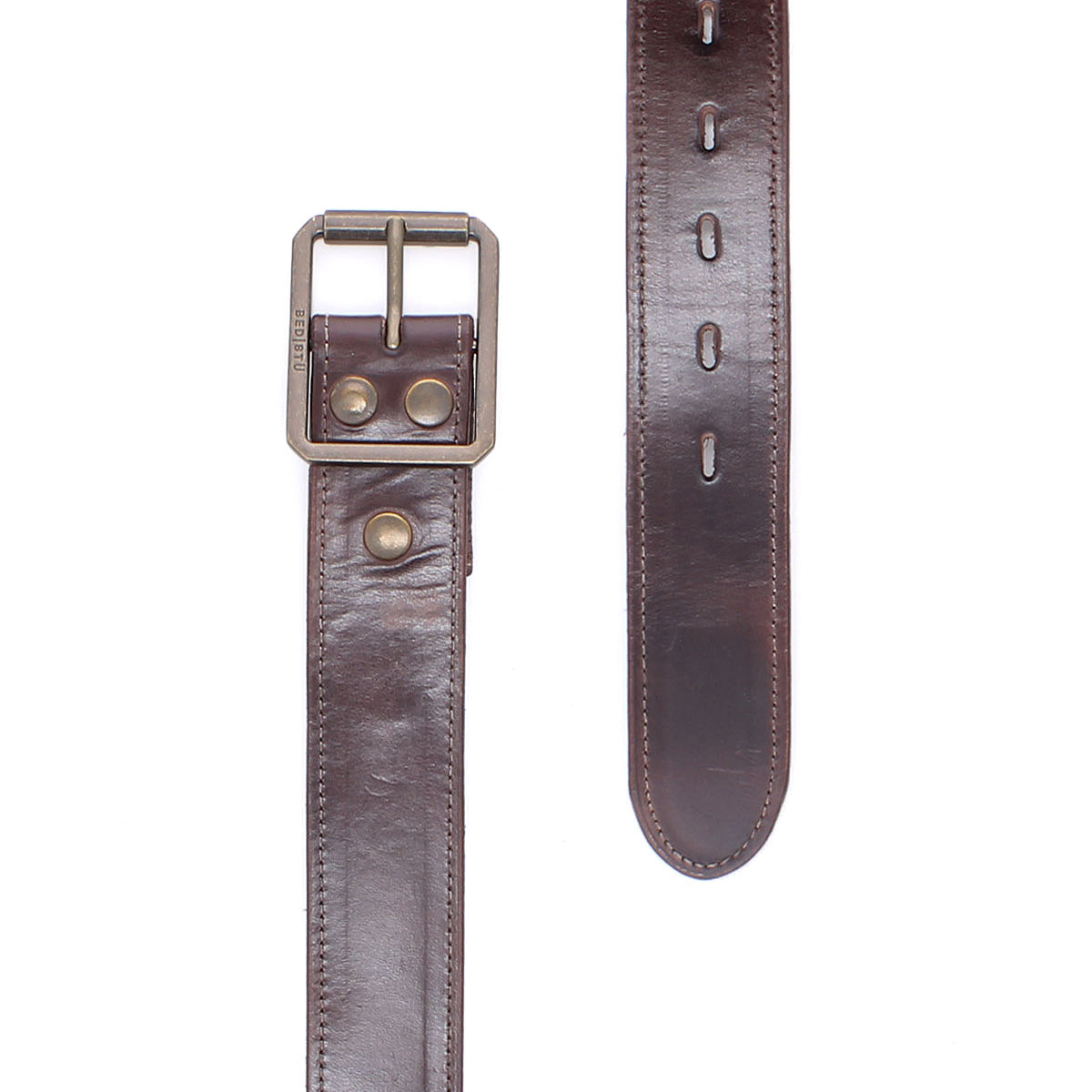 The Bed|Stü Meander is a brown distressed leather belt featuring an antique metal buckle and two rivets, displayed both lengthwise and at the buckle end on a white background.