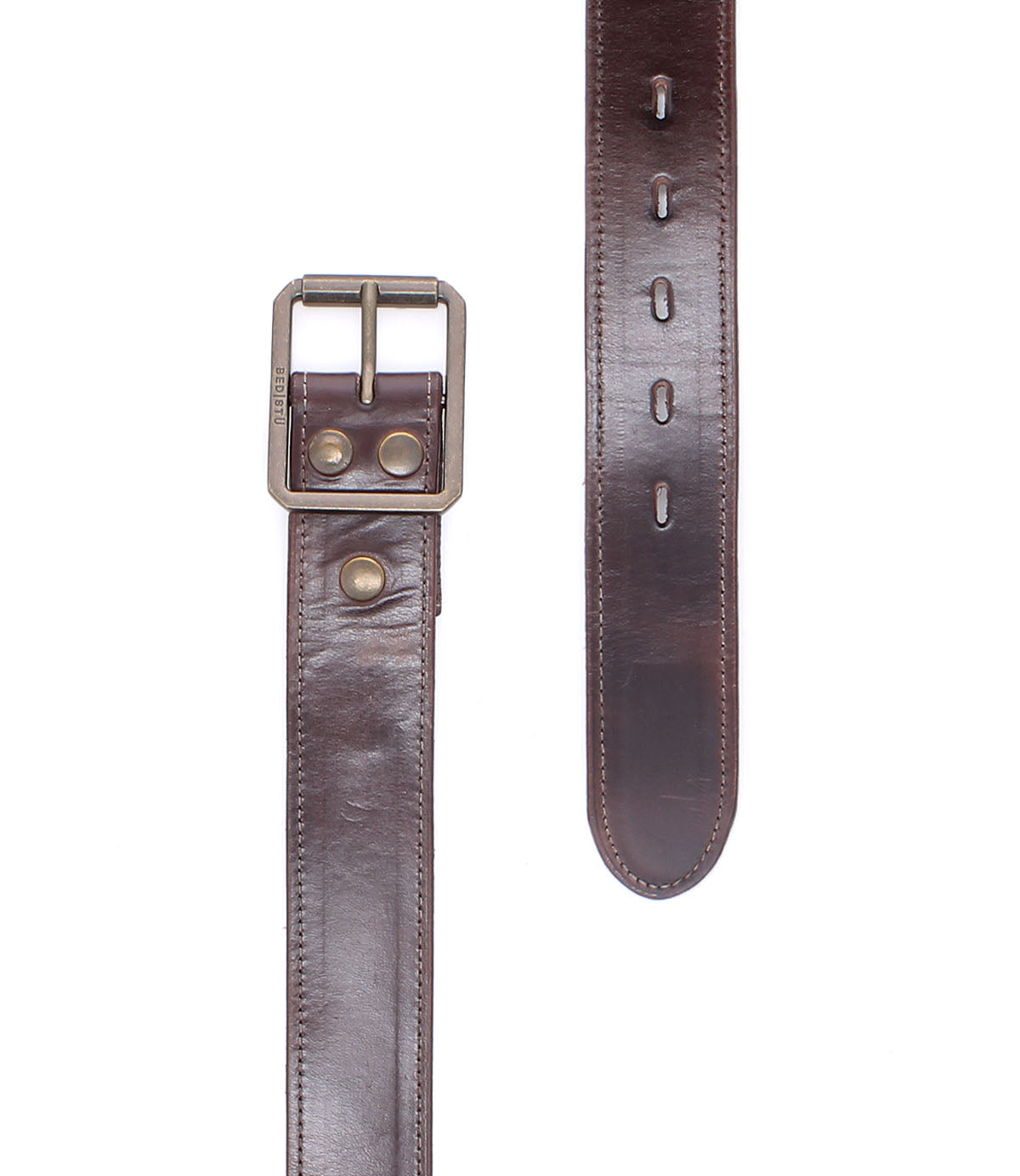The Bed|Stü Meander is a brown distressed leather belt featuring an antique metal buckle and two rivets, displayed both lengthwise and at the buckle end on a white background.
