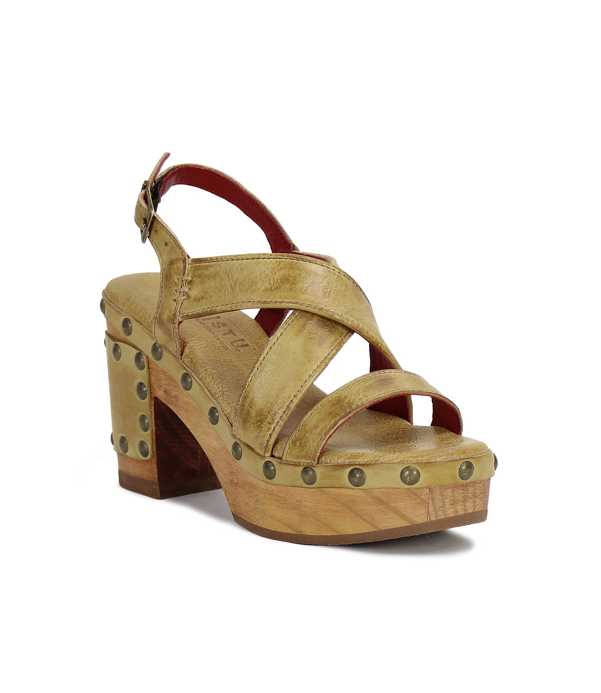 Introducing "Mediation" by Bed|Stü: a beige heeled slingback sandal with crisscross leather straps, cushioned insole for enhanced comfort, wooden platform sole, brass stud accents, and an adjustable ankle buckle.