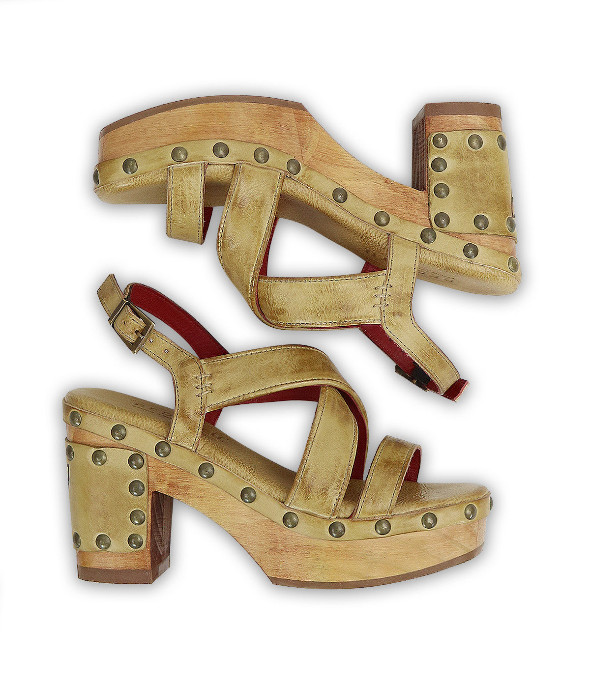 A pair of Mediation tan leather heeled slingback sandals by Bed|Stü with open toes, thick wooden heels, and brass studs, featuring cushioned insoles for added comfort, displayed side by side on a white background.