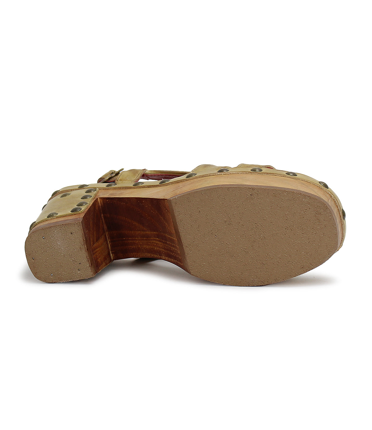 The Mediation sandal by Bed|Stü is a slingback with low wooden heels and leather straps, featuring a beige sole accented with metal studs, shown here from the bottom view.