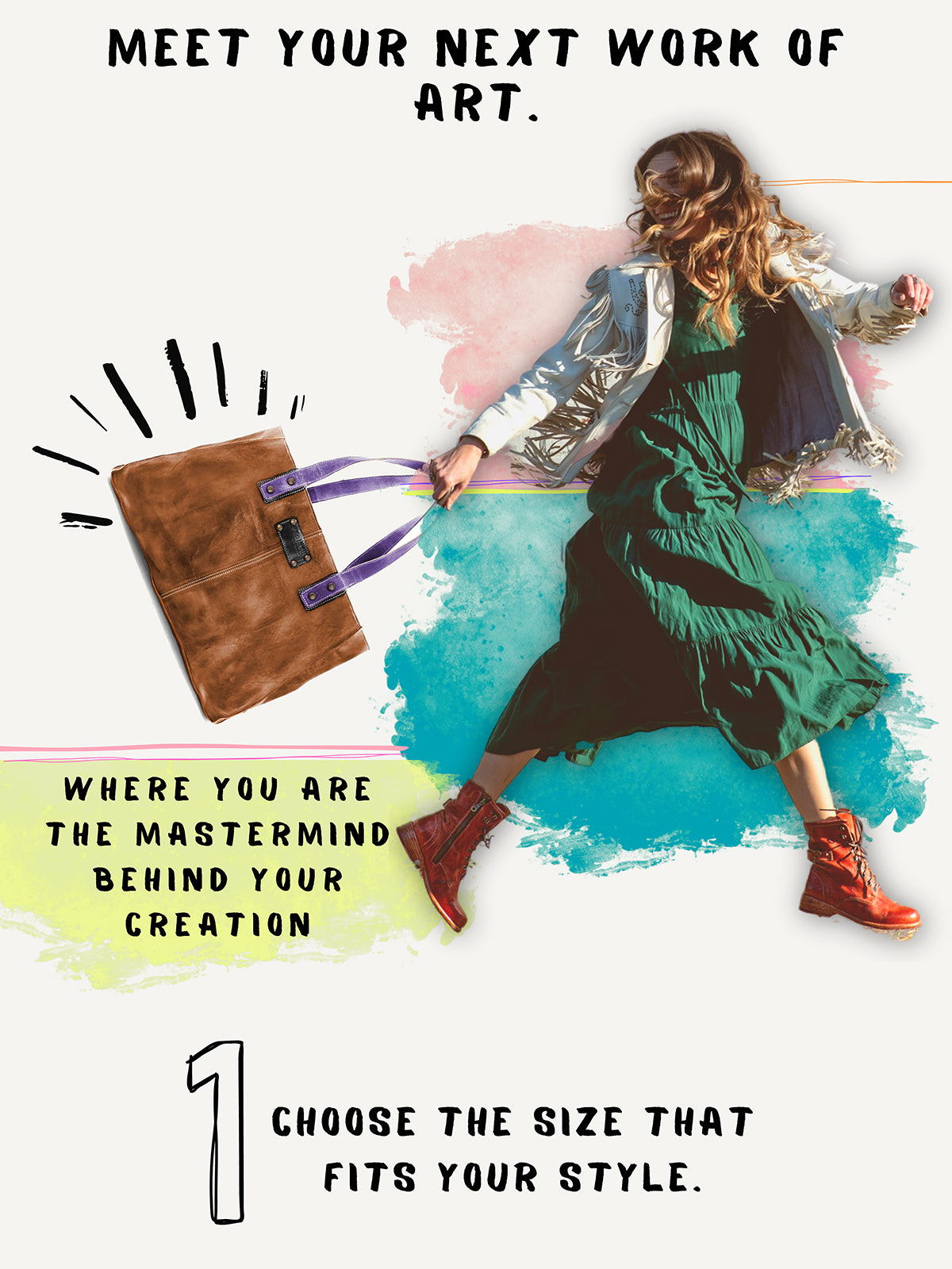 Meet your next work of Art. Women jumping with big brown bag with purple straps. 4 brown bags stating choose your size.