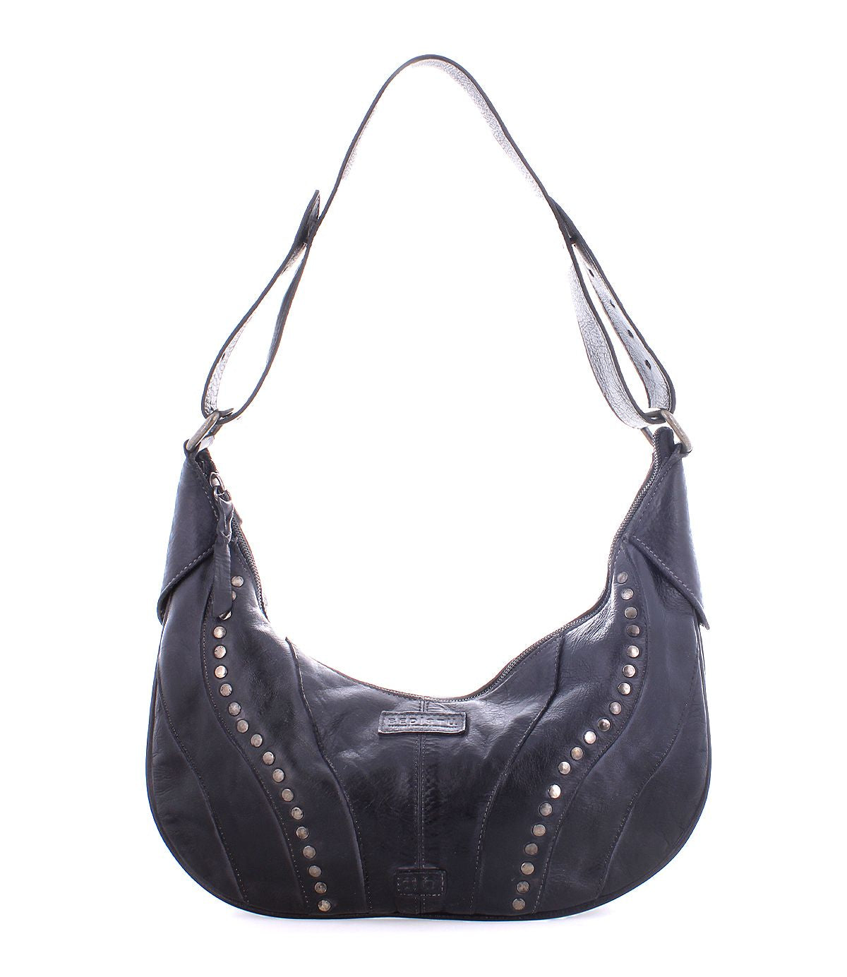 The Megara by Bed|Stü is a black leather saddle bag with silver studs, featuring a curved silhouette and an adjustable strap with refined leather details. Shown on a white background, this stylish shoulder bag effortlessly combines edgy design with everyday elegance.
