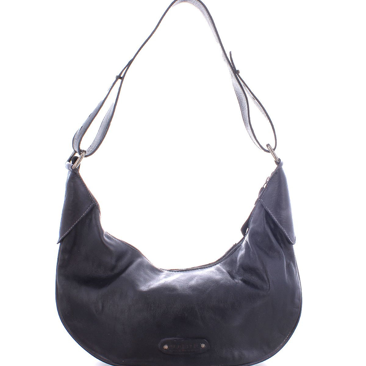 The Megara by Bed|Stü is a black leather hobo shoulder bag with an adjustable strap and minimal hardware, featuring refined leather details, displayed against a white background.