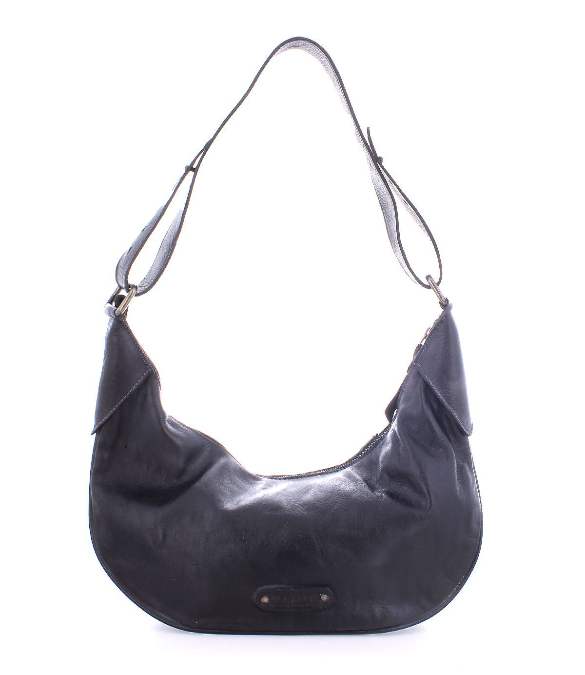 The Megara by Bed|Stü is a black leather hobo shoulder bag with an adjustable strap and minimal hardware, featuring refined leather details, displayed against a white background.