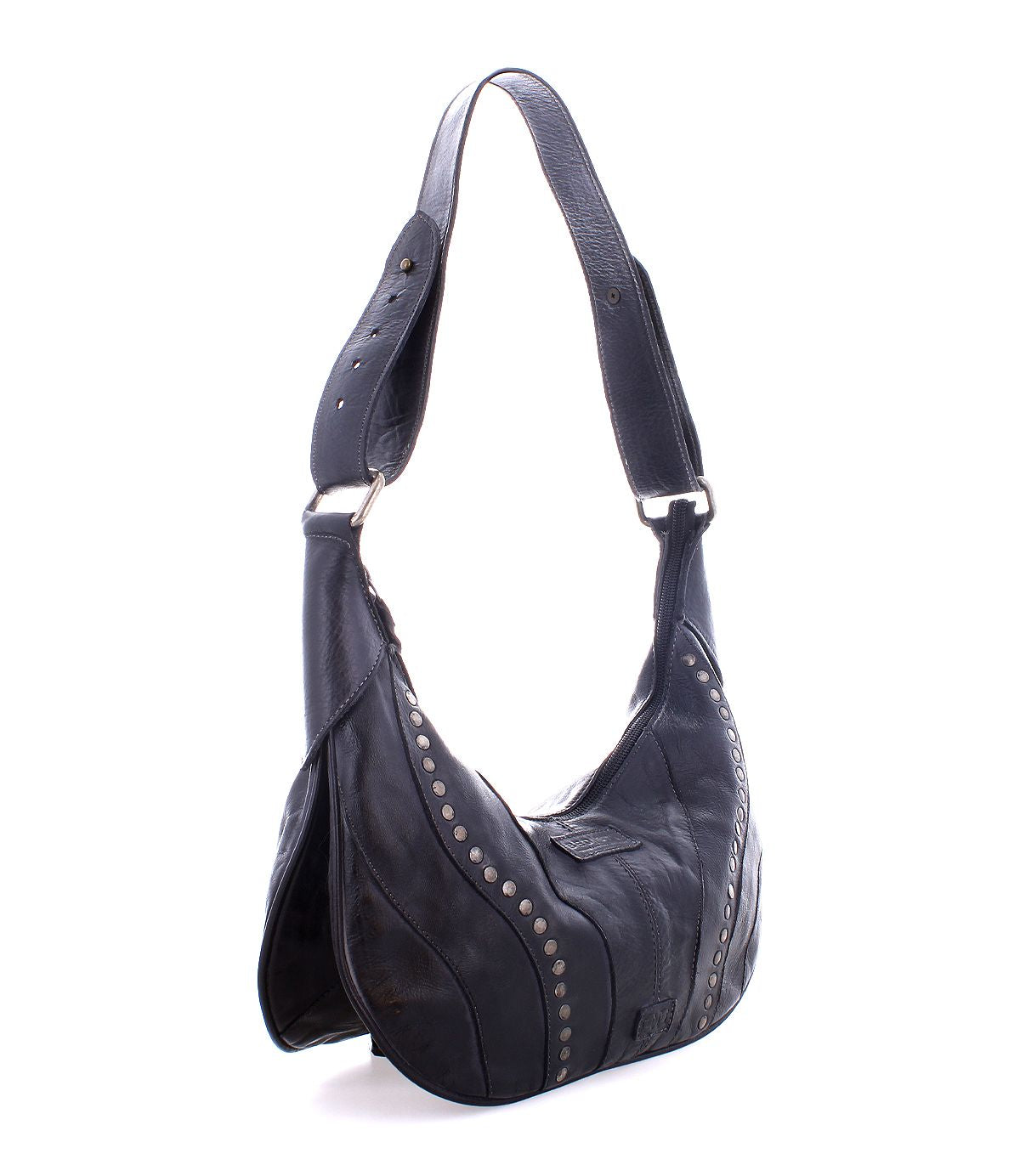 Introducing the Megara by Bed|Stü—a black leather shoulder bag adorned with silver stud accents and refined leather details. Featuring a wide adjustable strap, this stylish accessory is photographed against a white background, blending classic design elements with contemporary flair.