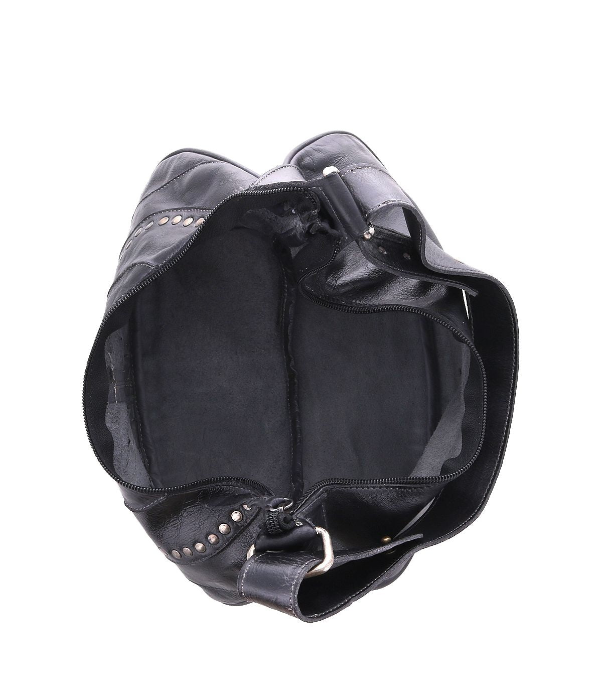 Top view of the Bed|Stü Megara shoulder bag in black leather, featuring a zipper closure, silver studs, and a wide strap with leather detailing, photographed against a white background.