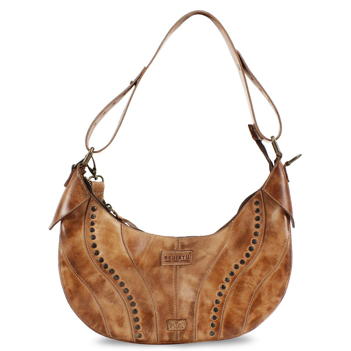 Introducing the Megara by Bed|Stü—a brown leather saddle bag with curved decorative stitching, metal stud accents, an adjustable strap, and a worn finish. This stylish shoulder bag features refined leather details for a sophisticated touch.