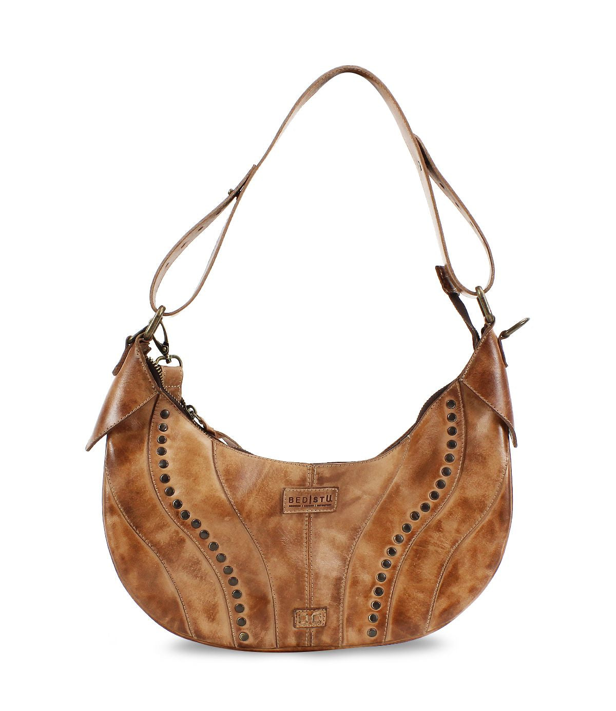 Introducing the Megara by Bed|Stü—a brown leather saddle bag with curved decorative stitching, metal stud accents, an adjustable strap, and a worn finish. This stylish shoulder bag features refined leather details for a sophisticated touch.