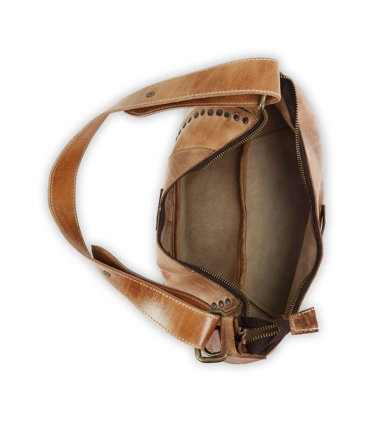 Top view of the Bed|Stü Megara, an open brown leather saddle bag with a wide strap, visible zipper, and beige interior lining accented by refined leather details.