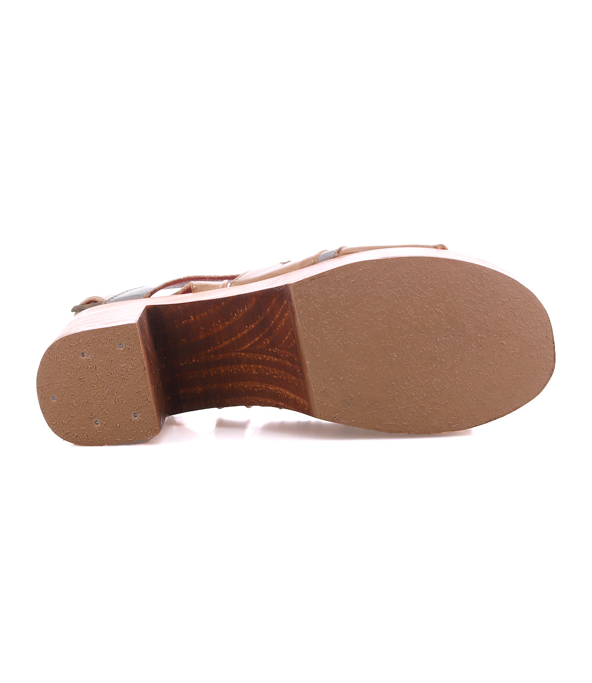 The image shows the underside of a single Bed|Stü Melodramatic brown platform sandal, featuring a thick sole and visible heel.