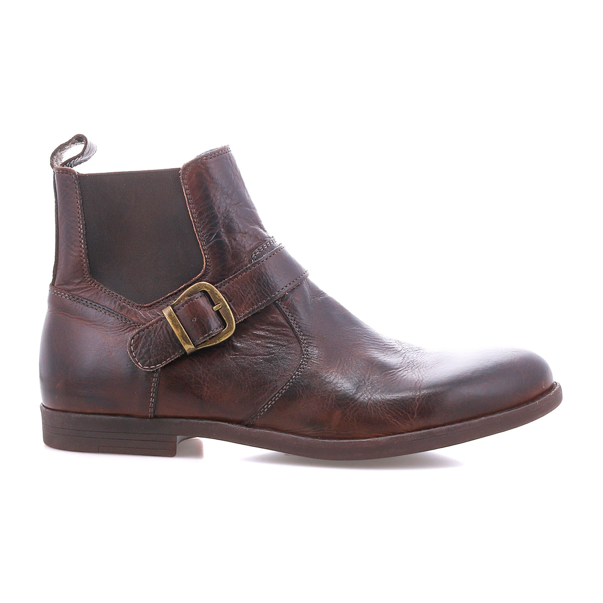The Bed|Stü Michelangelo is a brown leather ankle boot featuring a side buckle accent, low heel, and pull tab at the back, with a durable rubber outsole, shown in a left side profile on a white background.