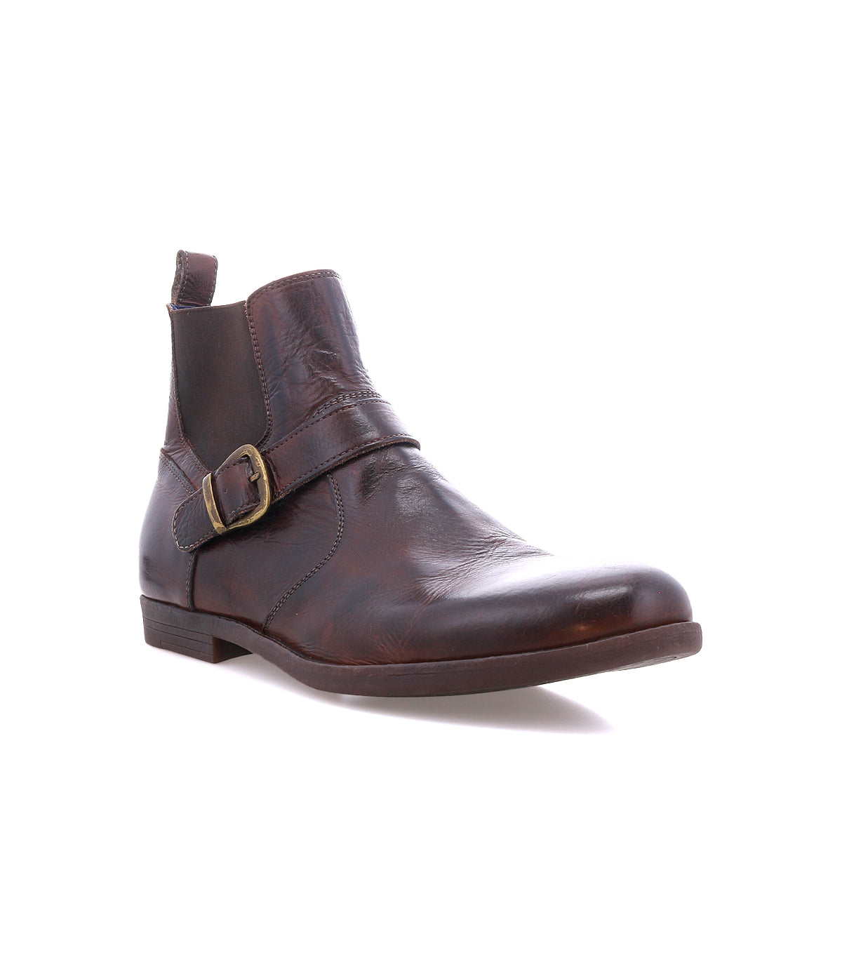 The Bed|Stü Michelangelo is a brown leather ankle boot with a buckle accent and low heel, featuring a durable rubber outsole, shown at a slight angle on a white background.