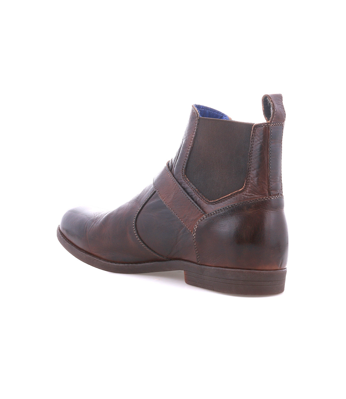 The Bed|Stü Michelangelo is a brown leather Chelsea boot with elastic side panels, a back pull tab, and a low heel, featuring a durable rubber outsole; shown from a rear side angle on a white background.