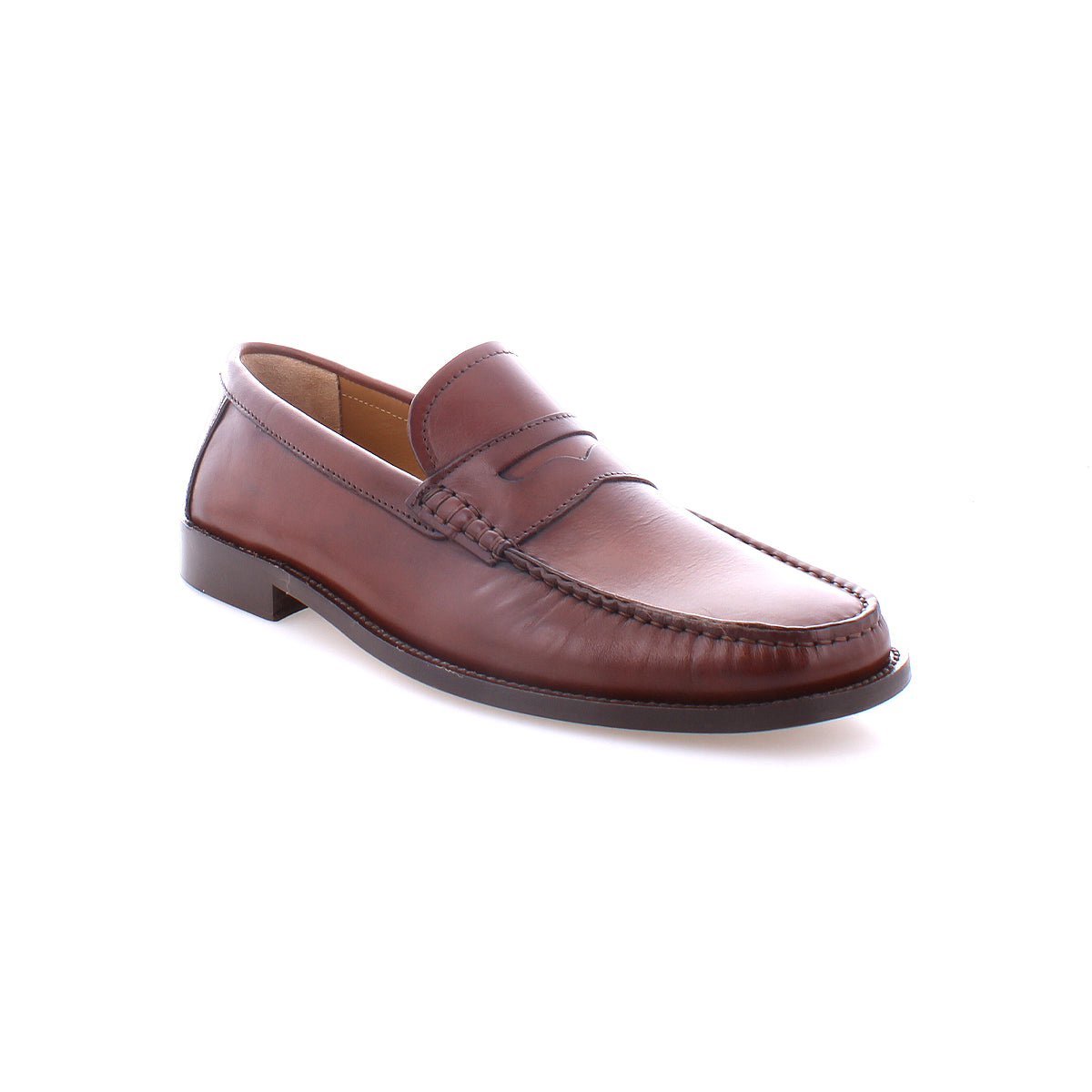 Moat by Bed|Stü is a brown Italian leather penny loafer featuring stitching detail, a low heel, and a moc toe design, displayed on a white background.