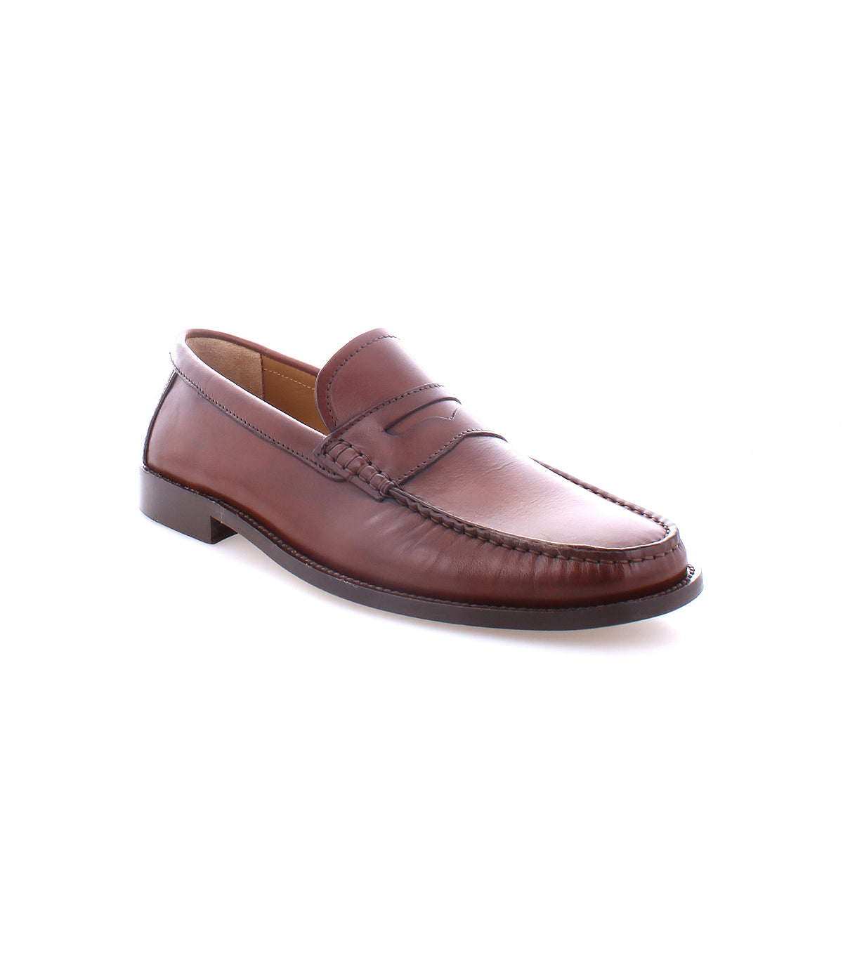 Moat by Bed|Stü is a brown Italian leather penny loafer featuring stitching detail, a low heel, and a moc toe design, displayed on a white background.