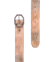 The Bed|Stü Mohawk belt in worn brown distressed leather, featuring an angular metal buckle and visible rivets, is displayed from the front and back against a white background for a distinctly western-inspired look.