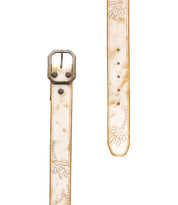 The Mohawk by Bed Stu is a women's distressed leather belt in white, featuring a metal buckle and exquisite floral engravings on the strap.
