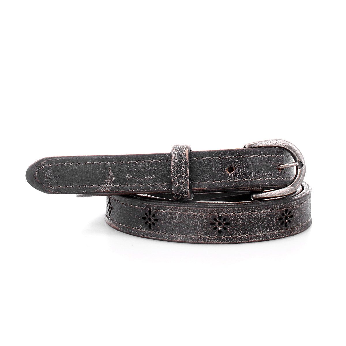 The Monae II by Bed|Stü is a versatile women’s belt featuring black floral cutout designs with small flower-shaped details and a metal buckle, shown coiled on a white background—a perfect accessory for adding a touch of elegance to any outfit.