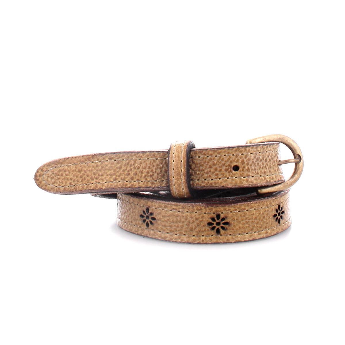 The Monae II belt by Bed|Stü is a tan women’s belt with delicate flower-shaped cutout designs along its length and a metal buckle, shown rolled up on a white background—a versatile accessory that adds subtle charm to any outfit.