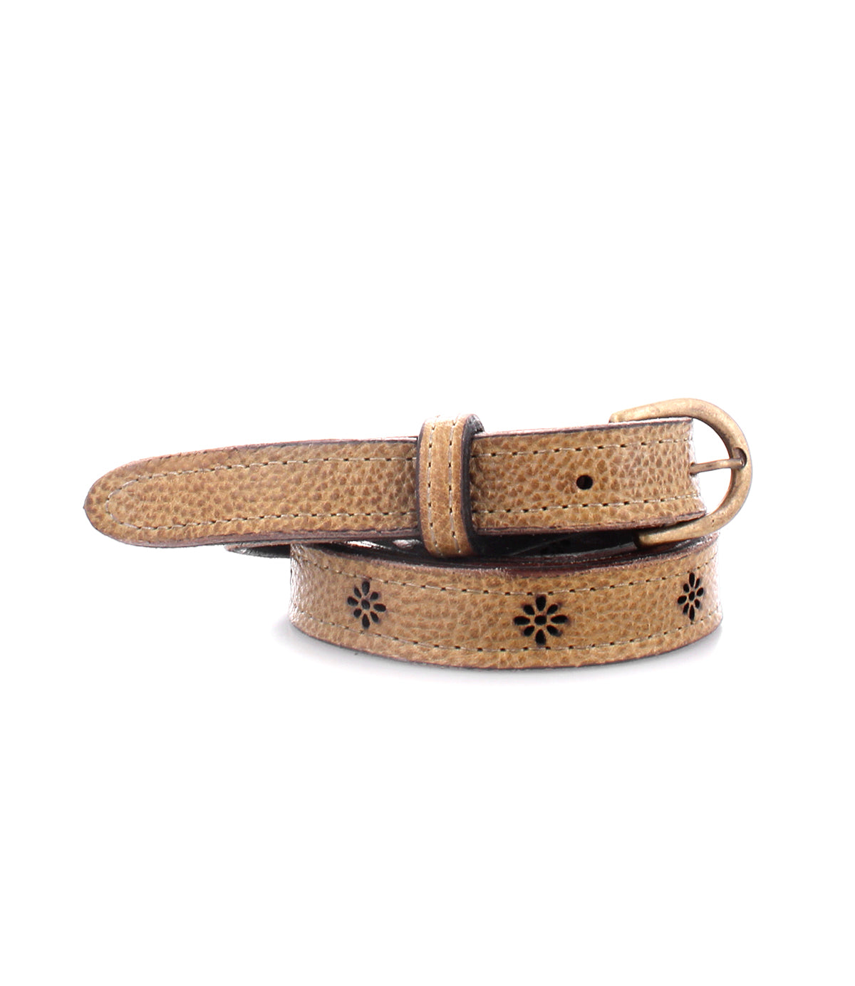 The Monae II belt by Bed|Stü is a tan women’s belt with delicate flower-shaped cutout designs along its length and a metal buckle, shown rolled up on a white background—a versatile accessory that adds subtle charm to any outfit.